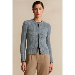 Amina Rubinacci Cable Knit Crewneck Cardigan Sweater  in Gray 8